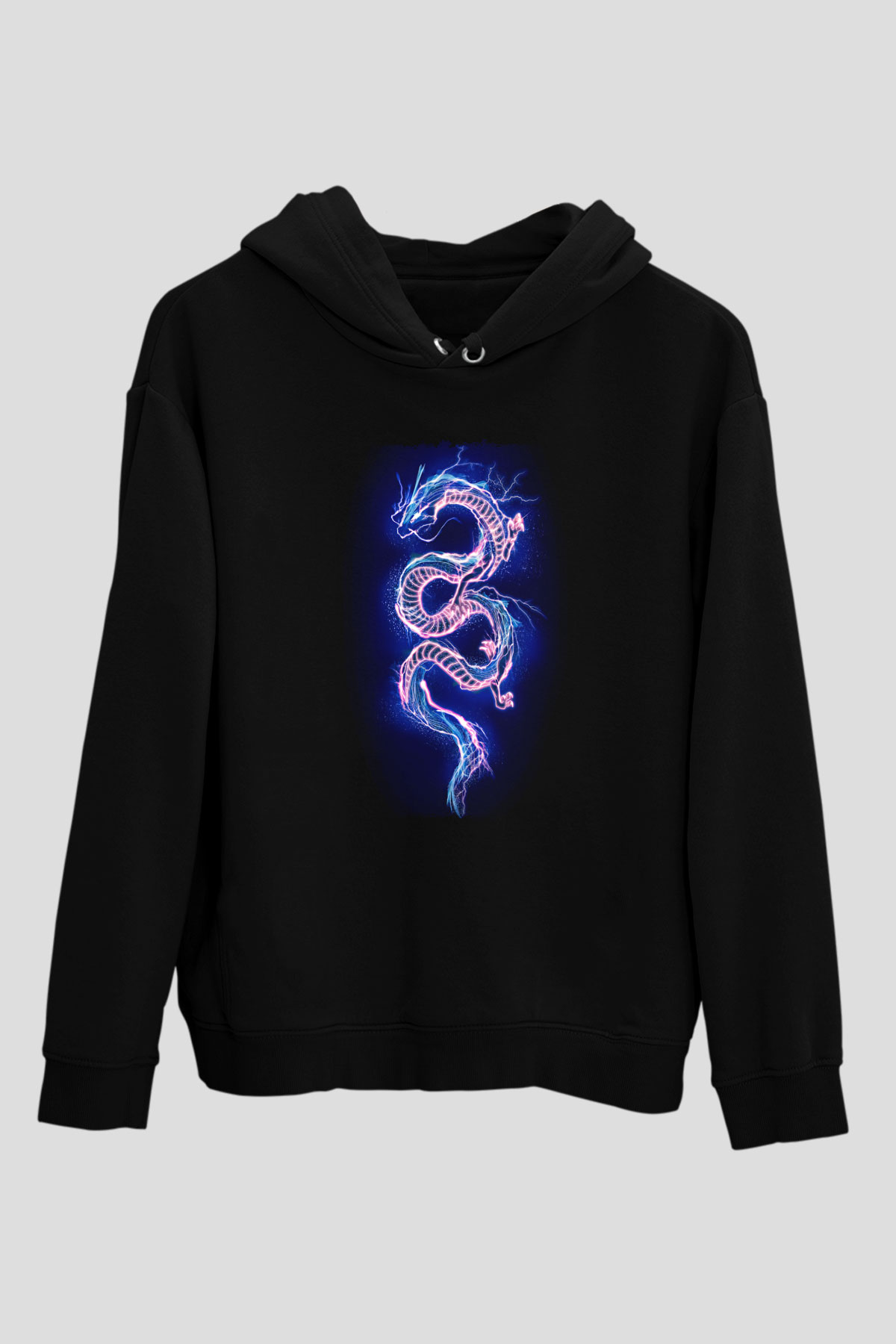 Ejderha Baskılı Unisex Siyah Hoodie