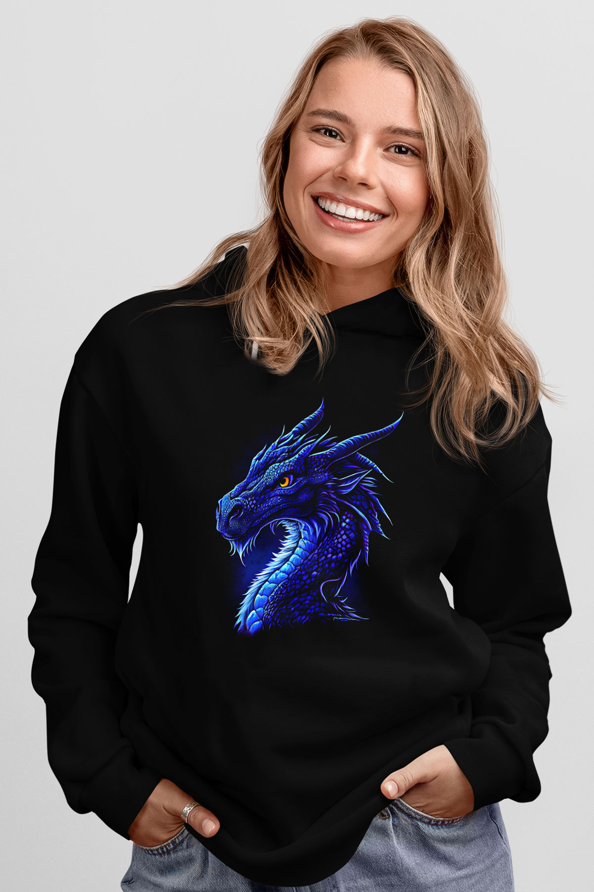 Ejderha Baskılı Unisex Siyah Hoodie
