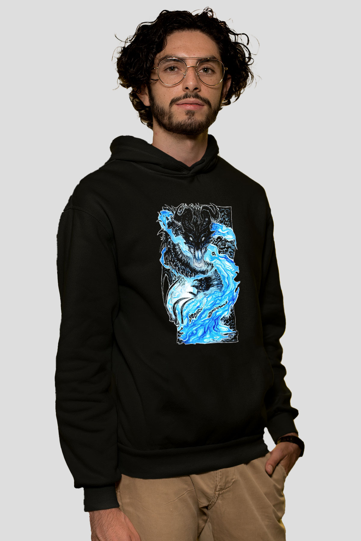 Ejderha Baskılı Unisex Siyah Hoodie