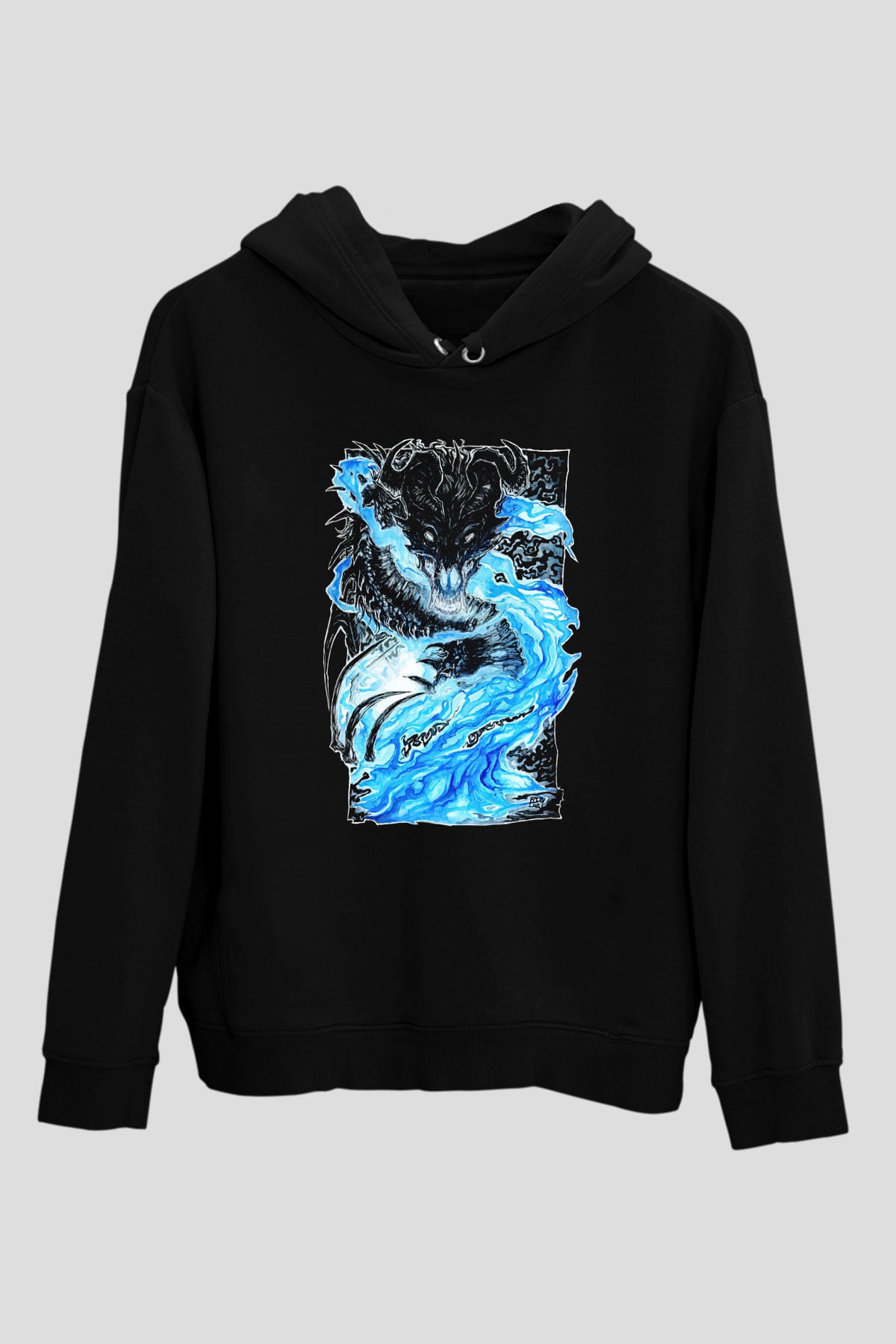 Ejderha Baskılı Unisex Siyah Hoodie