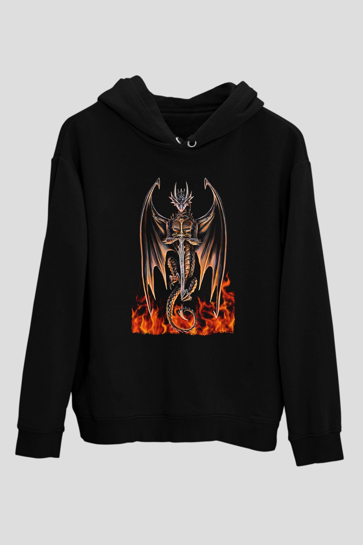 Ejderha Baskılı Unisex Siyah Hoodie