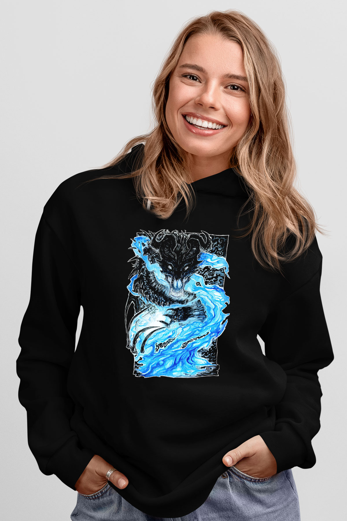 Ejderha Baskılı Unisex Siyah Hoodie