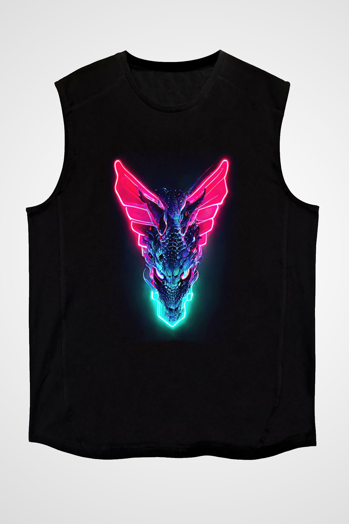 Ejderha Baskılı Unisex Siyah Kolsuz Tişört - Tshirt