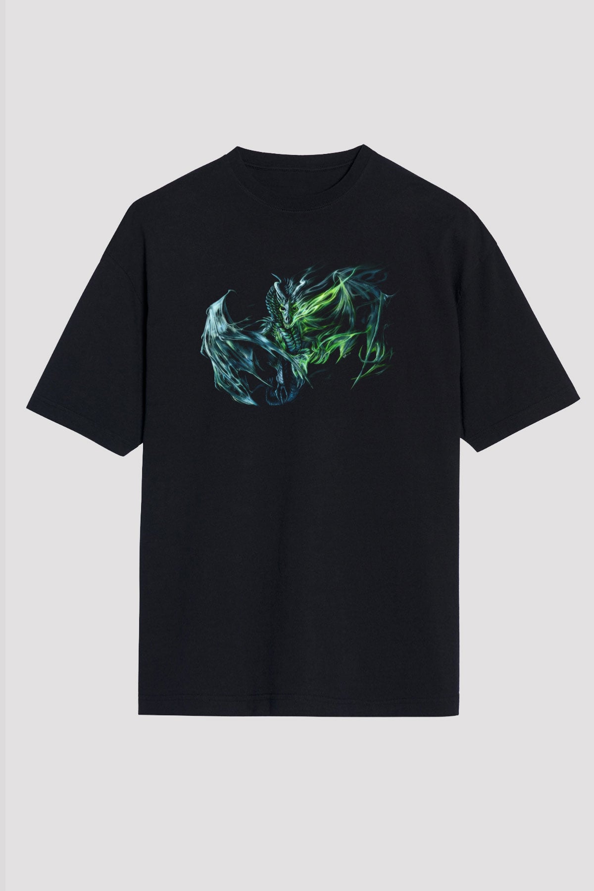Ejderha Baskılı Unisex Siyah Oversize Tişört - Tshirt