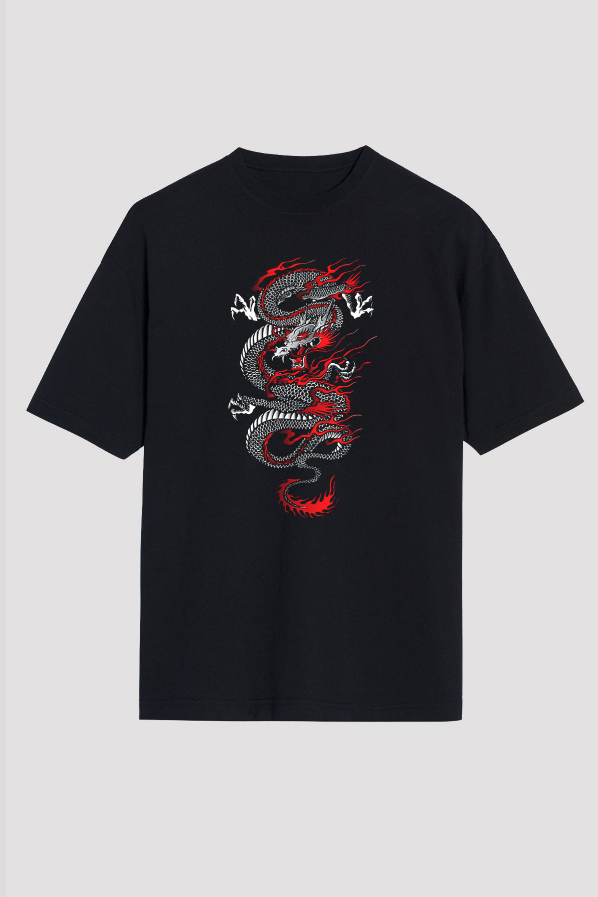 Ejderha Baskılı Unisex Siyah Oversize Tişört - Tshirt