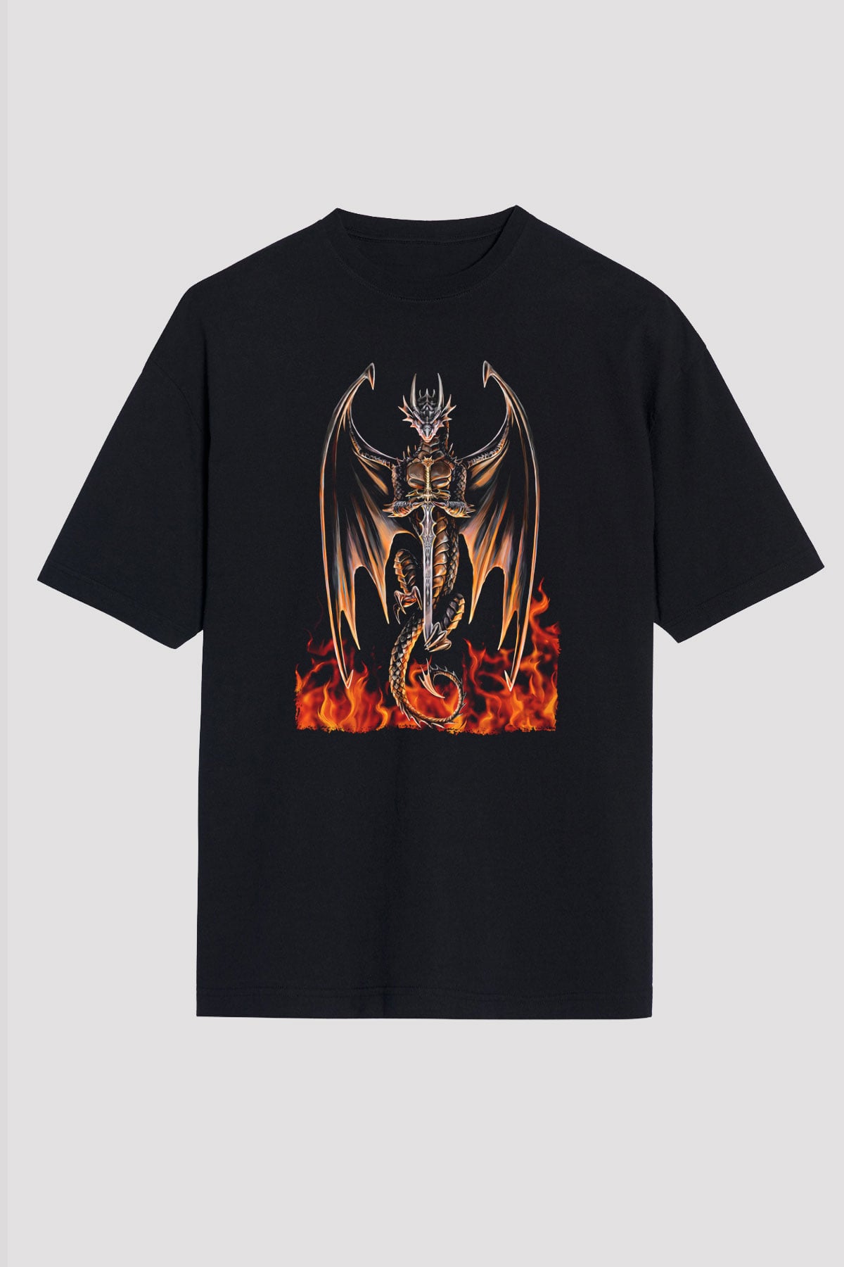 Ejderha Baskılı Unisex Siyah Oversize Tişört - Tshirt