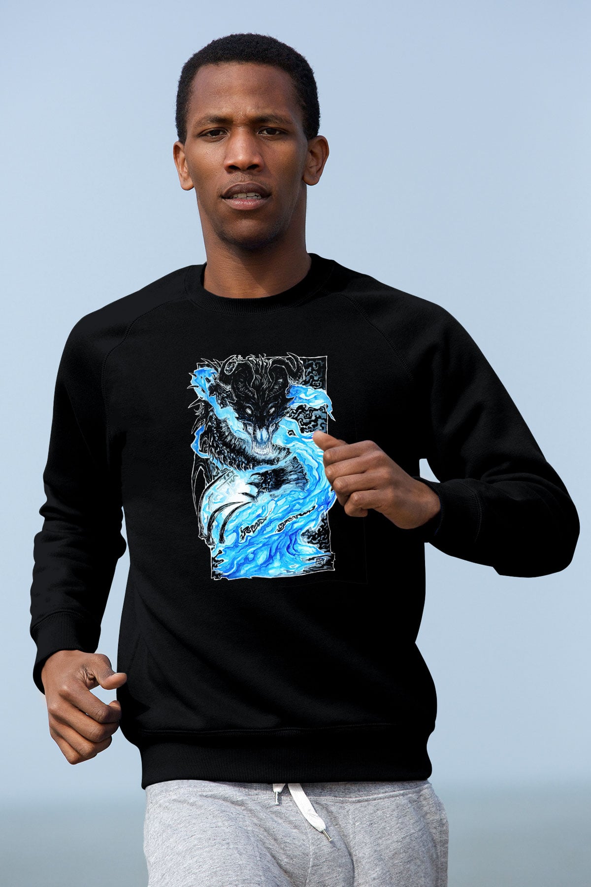 Ejderha Baskılı Unisex Siyah Sweatshirt