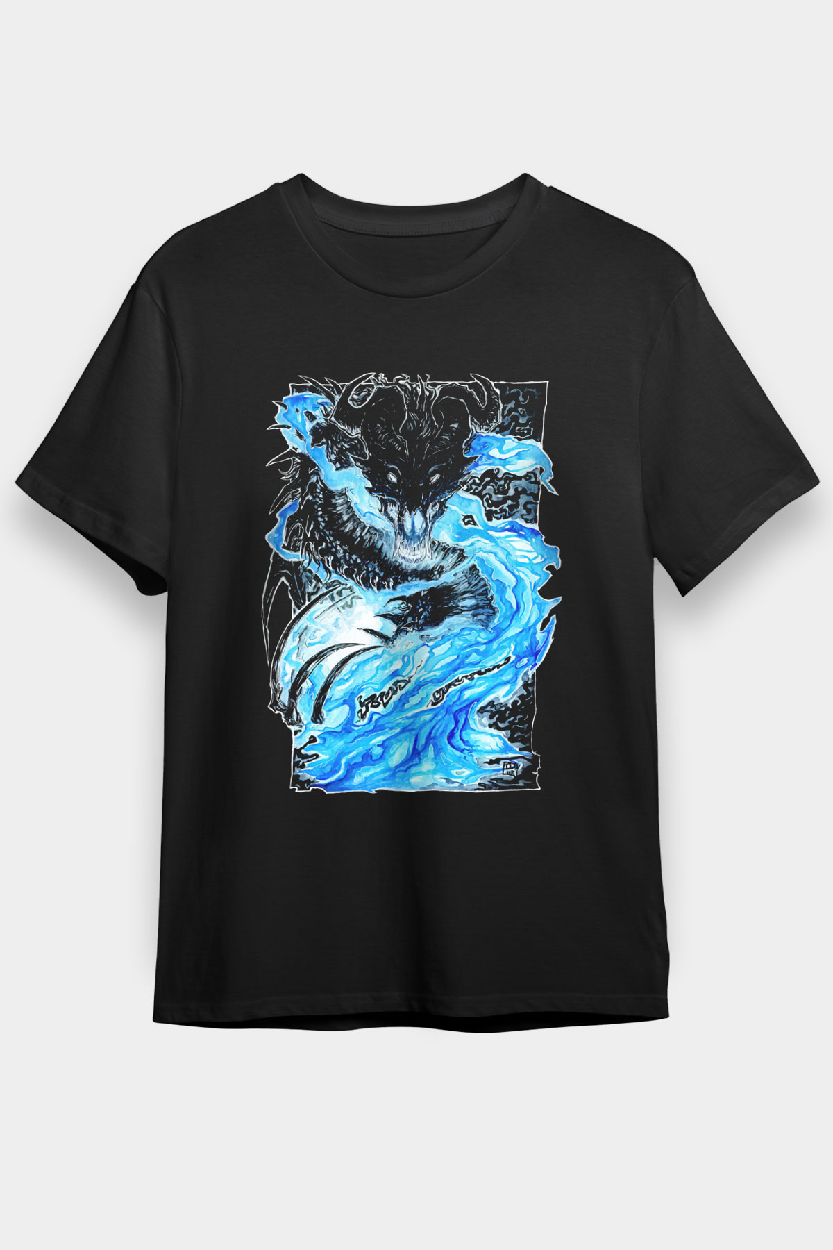 Ejderha Baskılı Unisex Siyah Tişört - Tshirt