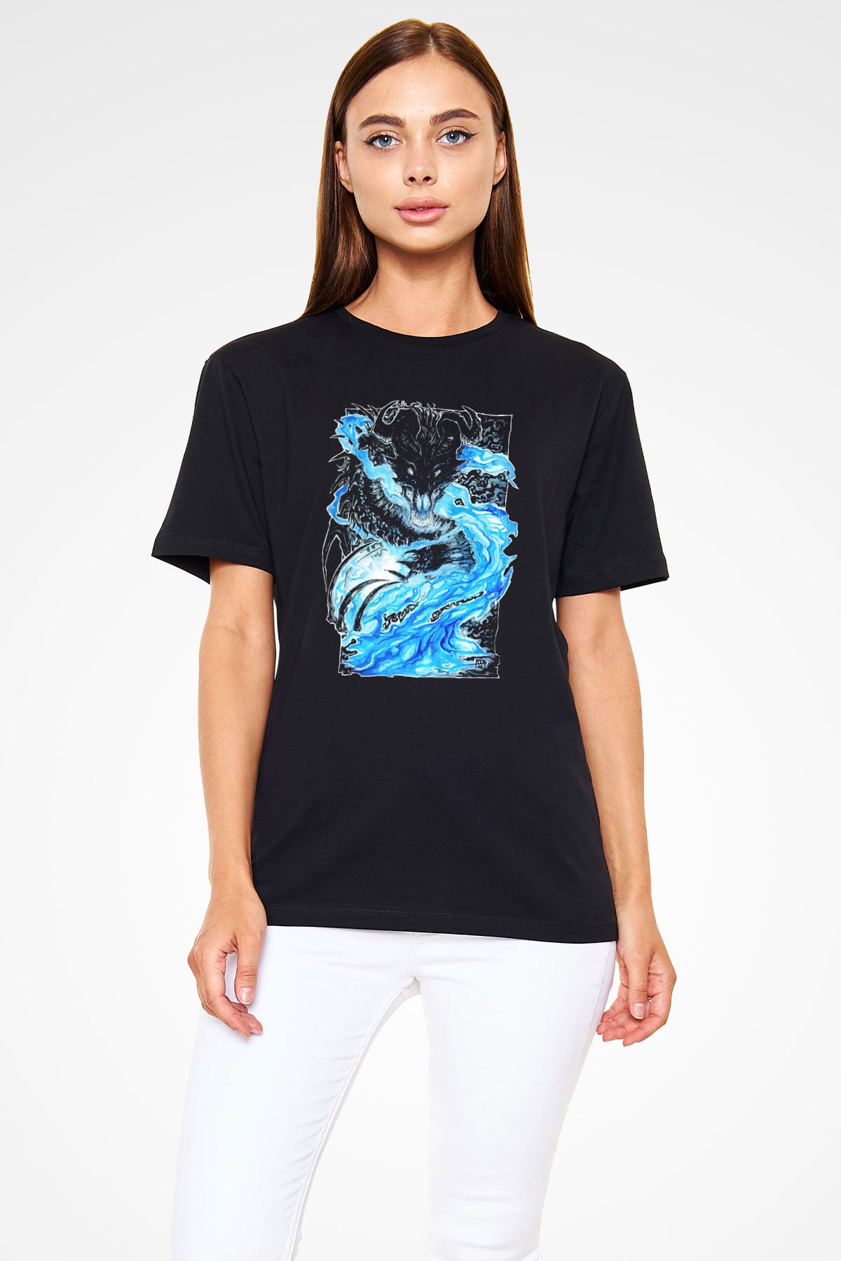 Ejderha Baskılı Unisex Siyah Tişört - Tshirt