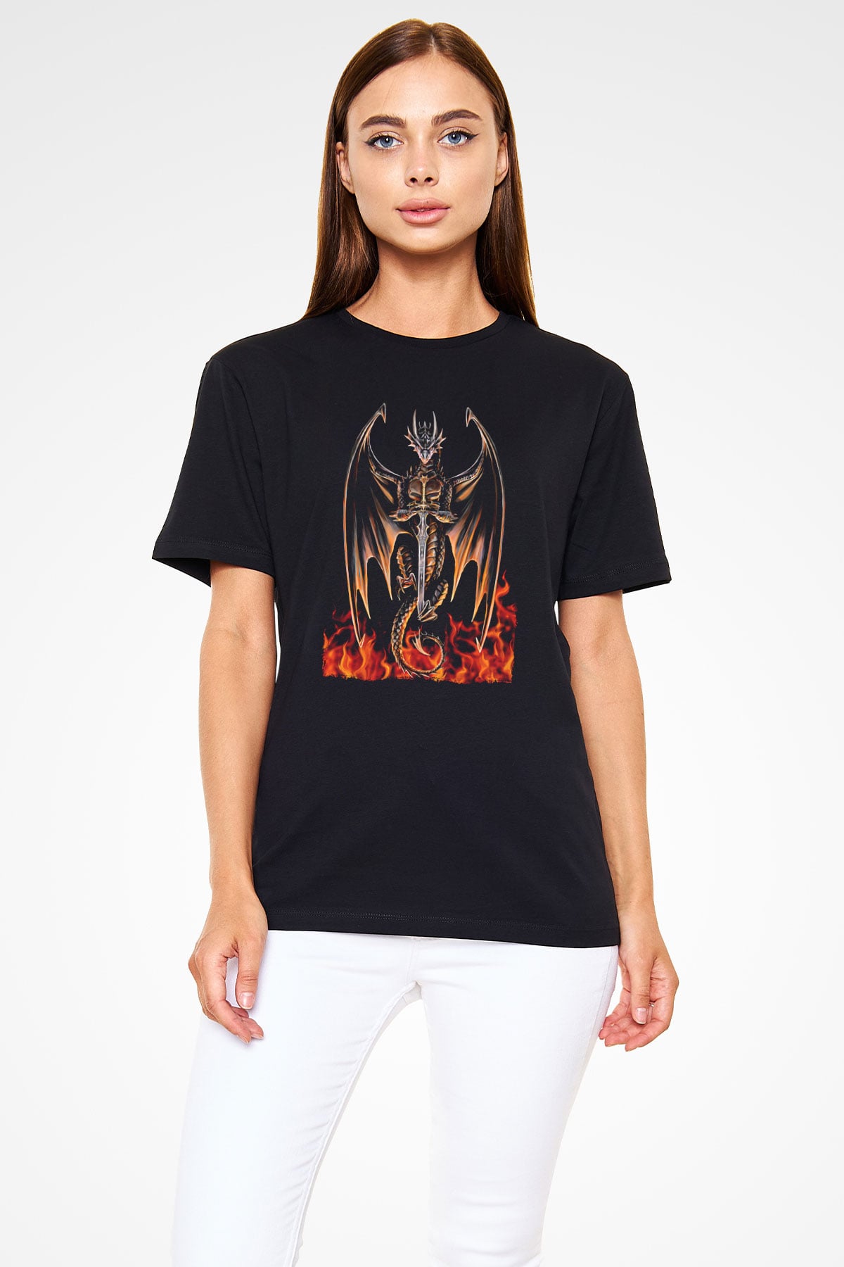 Ejderha Baskılı Unisex Siyah Tişört - Tshirt