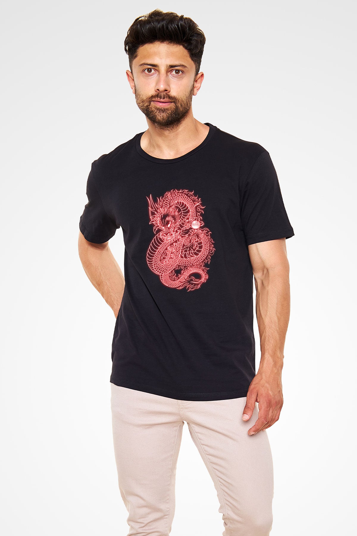 Ejderha Baskılı Unisex Siyah Tişört - Tshirt