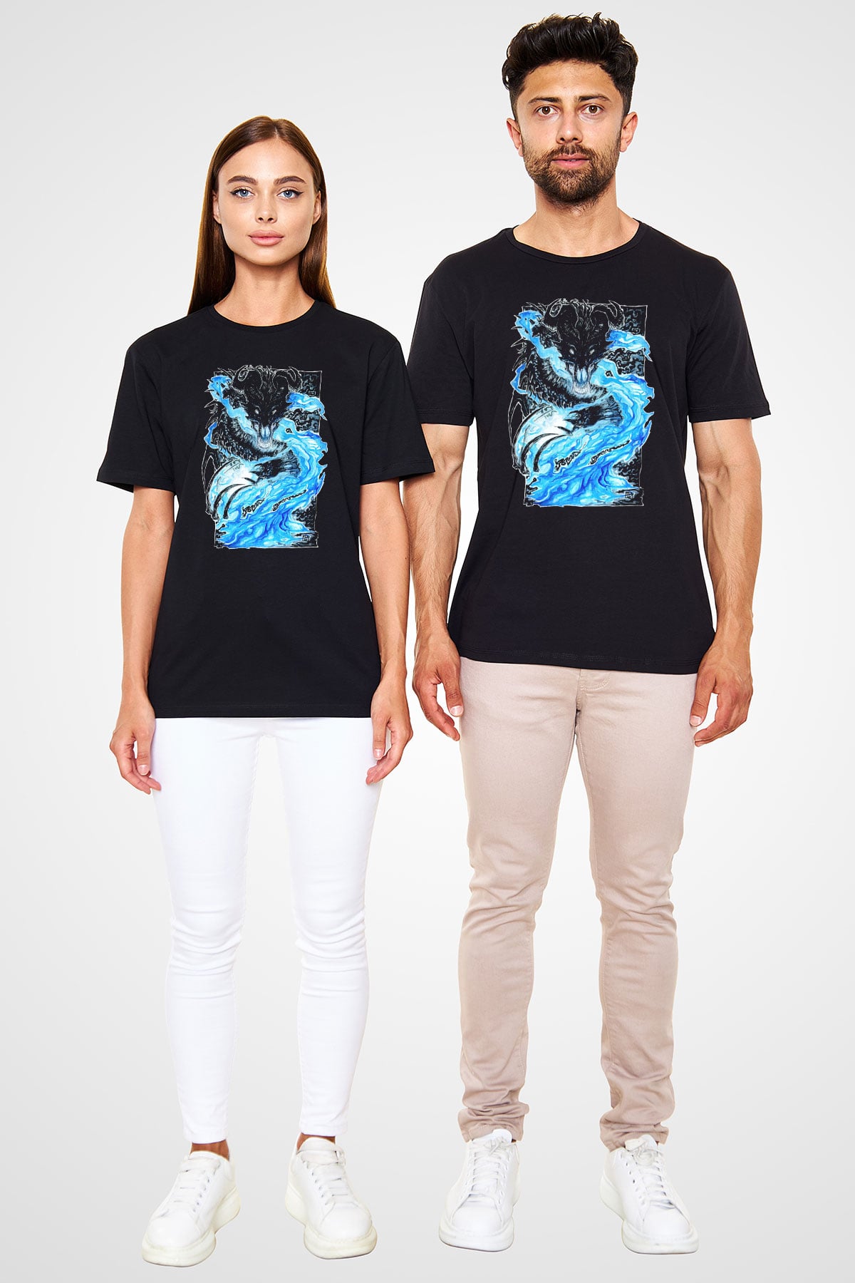 Ejderha Baskılı Unisex Siyah Tişört - Tshirt