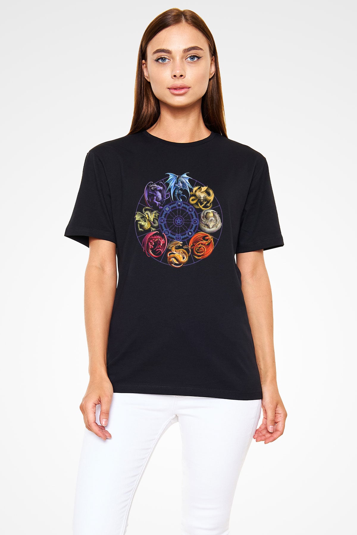 Ejderha Baskılı Unisex Siyah Tişört - Tshirt