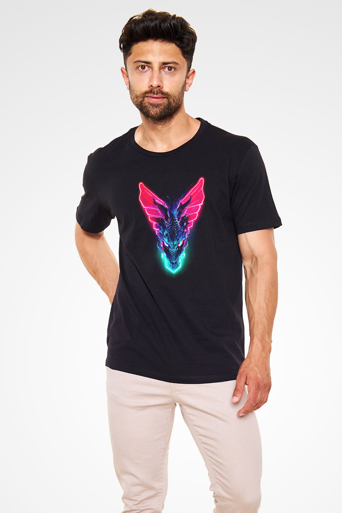 Ejderha Baskılı Unisex Siyah Tişört - Tshirt