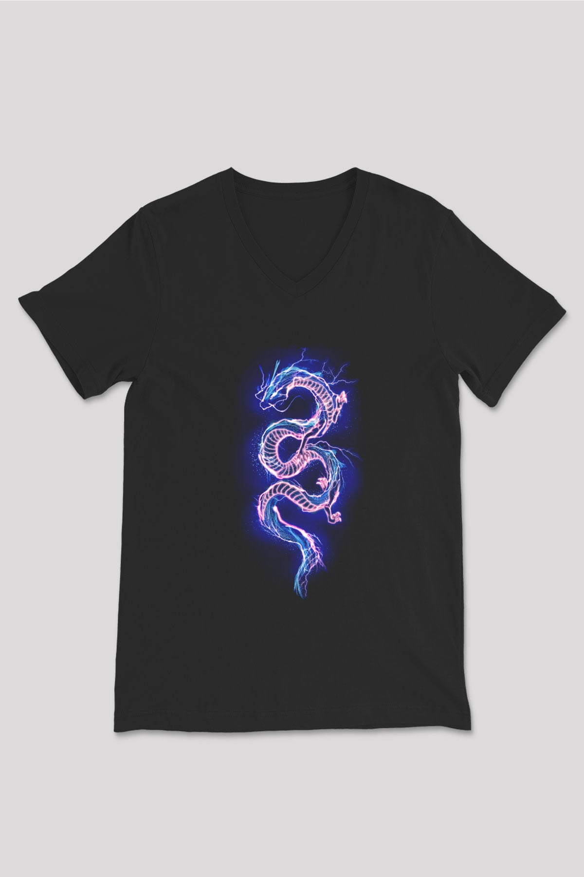 Ejderha Baskılı Unisex Siyah V Yaka Tişört - Tshirt