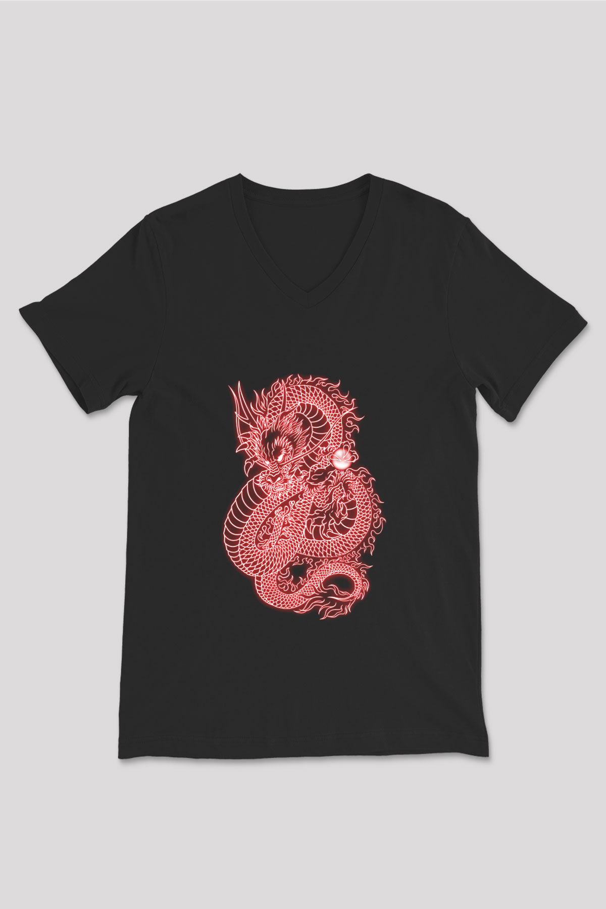 Ejderha Baskılı Unisex Siyah V Yaka Tişört - Tshirt
