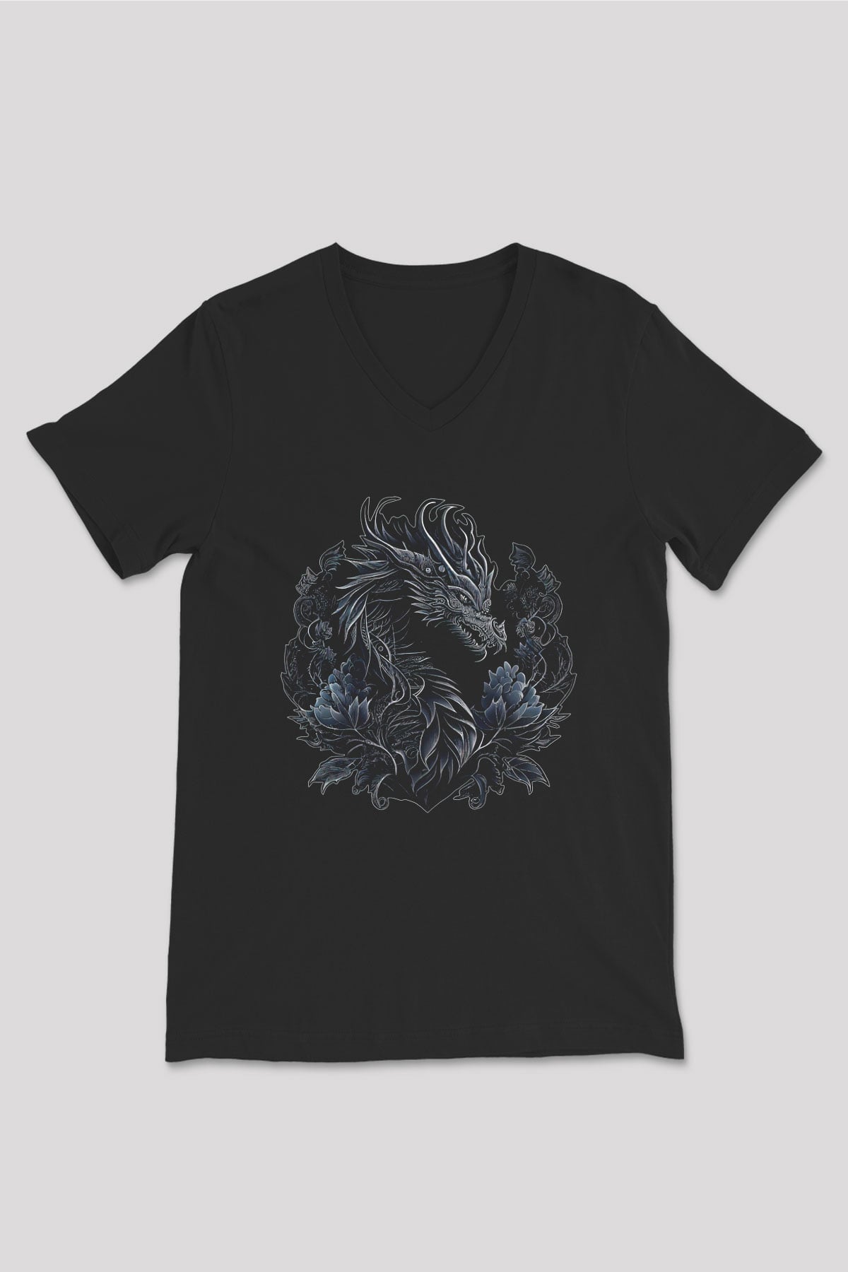 Ejderha Baskılı Unisex Siyah V Yaka Tişört - Tshirt