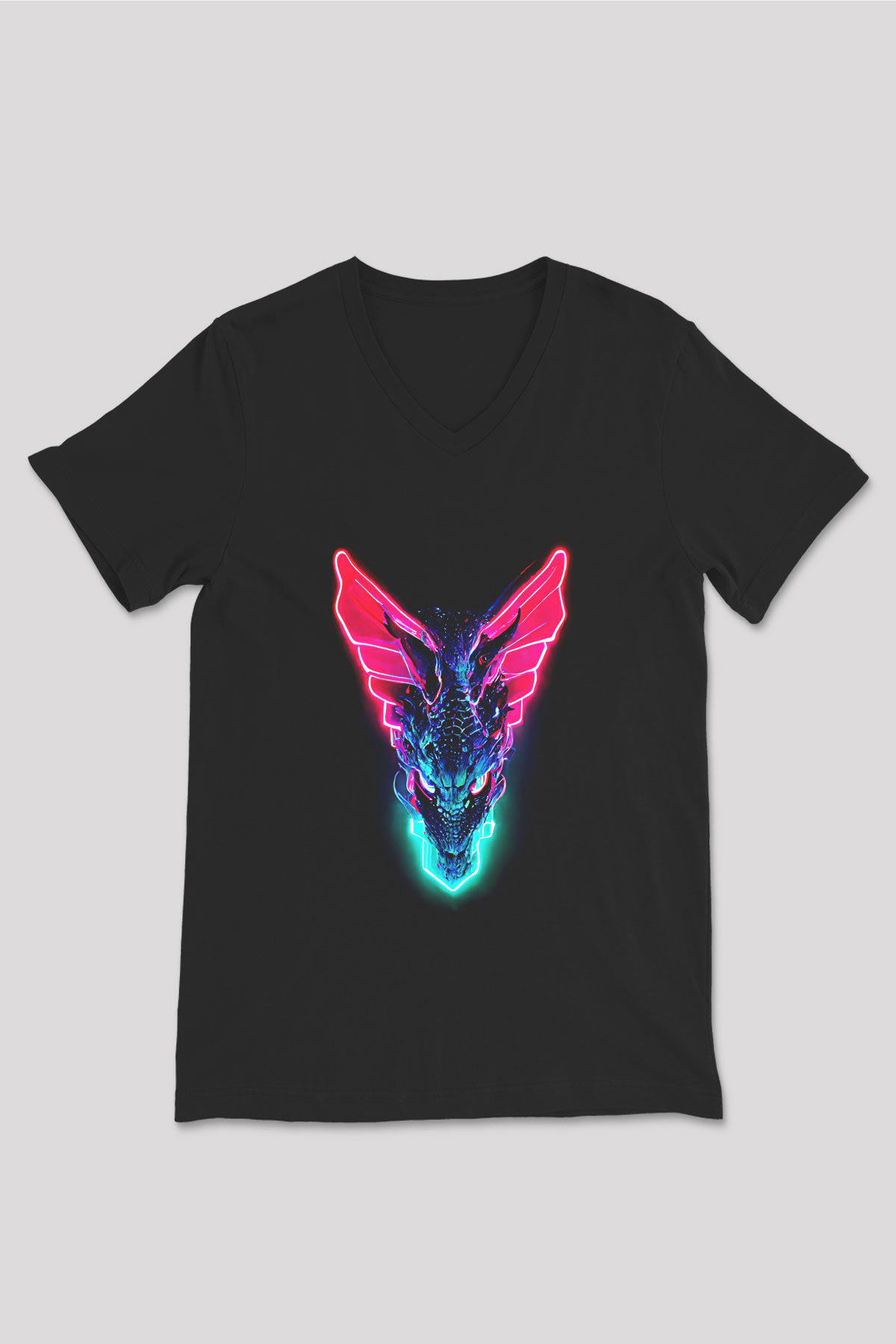 Ejderha Baskılı Unisex Siyah V Yaka Tişört - Tshirt