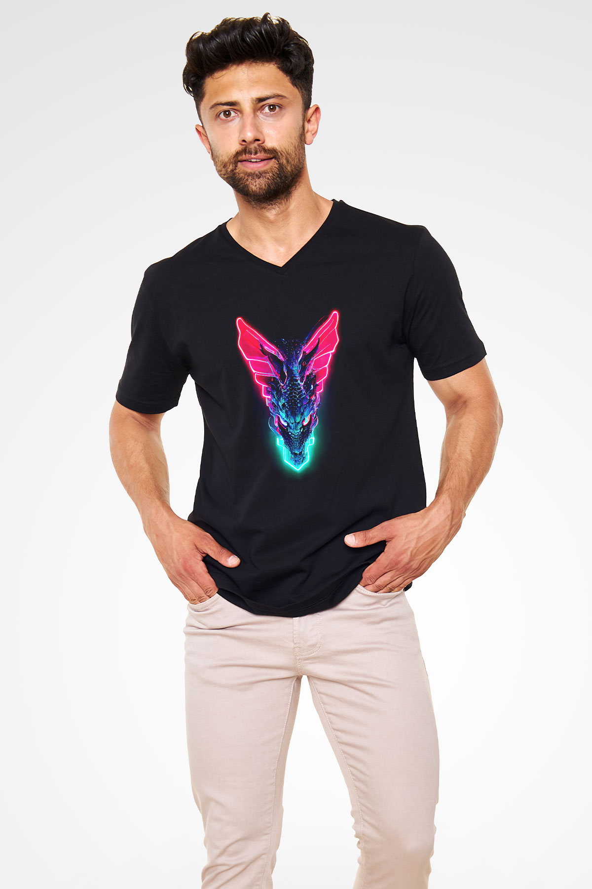 Ejderha Baskılı Unisex Siyah V Yaka Tişört - Tshirt