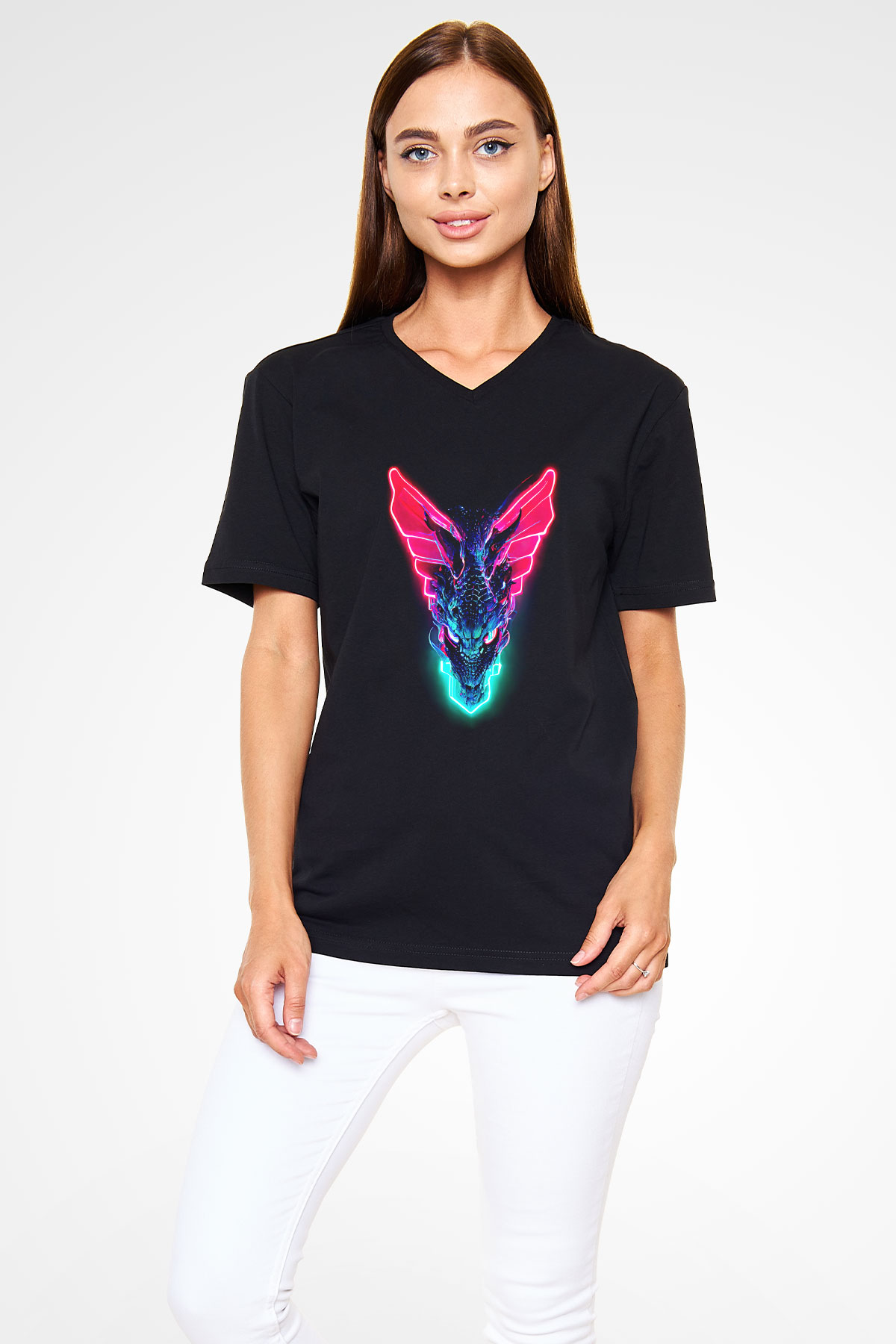 Ejderha Baskılı Unisex Siyah V Yaka Tişört - Tshirt