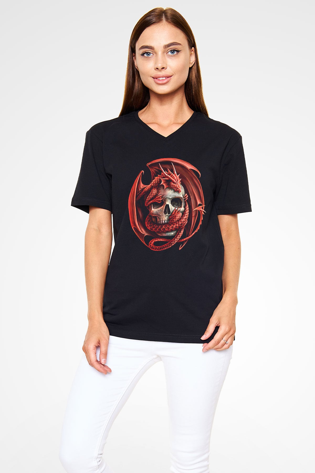 Ejderha Baskılı Unisex Siyah V Yaka Tişört - Tshirt