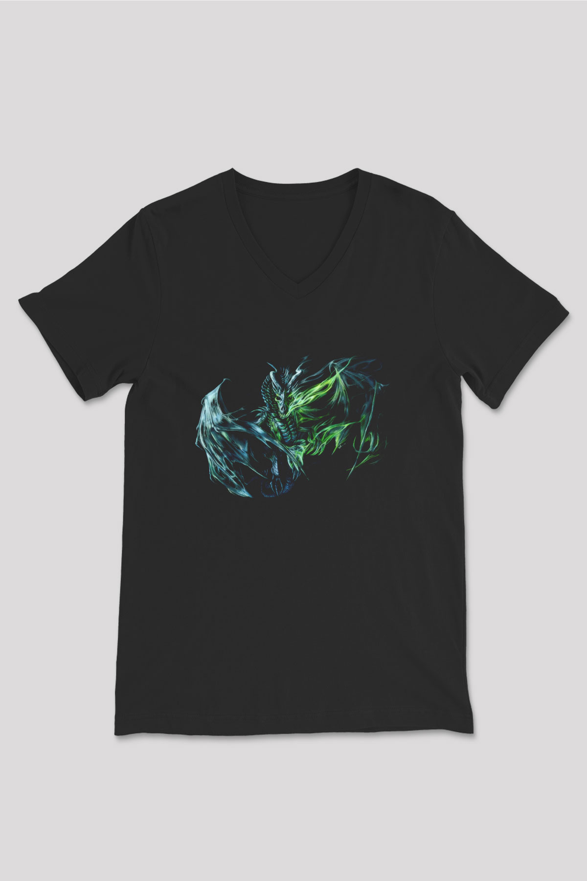 Ejderha Baskılı Unisex Siyah V Yaka Tişört - Tshirt