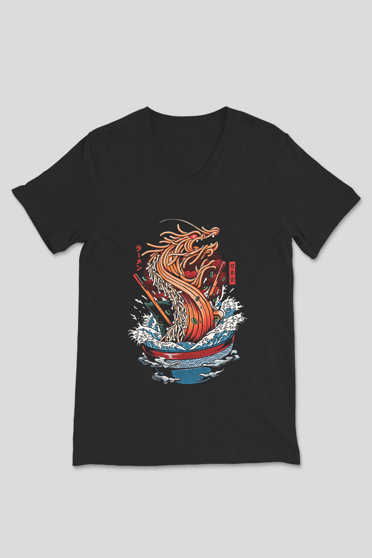 Ejderha Baskılı Unisex Siyah V Yaka Tişört - Tshirt