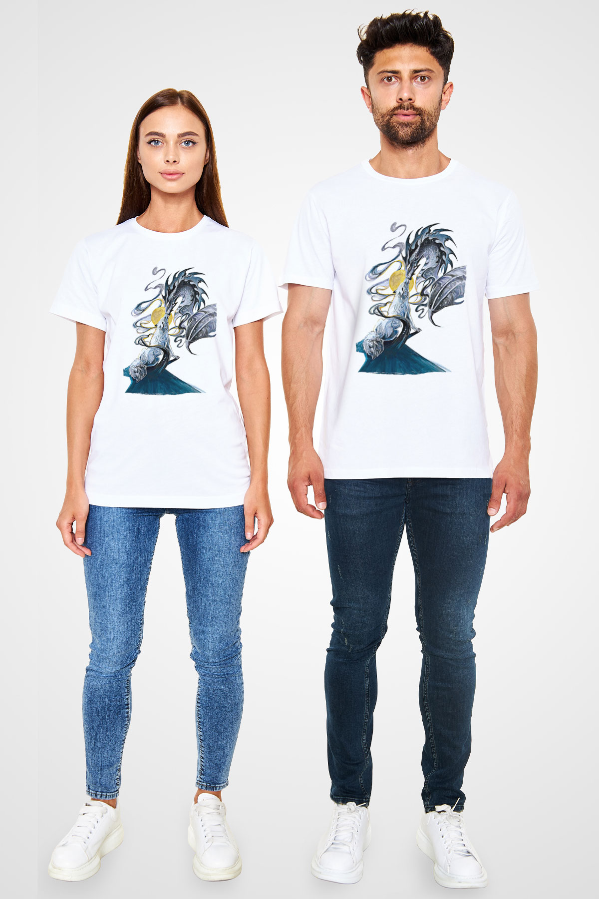 Ejderha Unisex Baskılı Beyaz Tişört - Tshirt