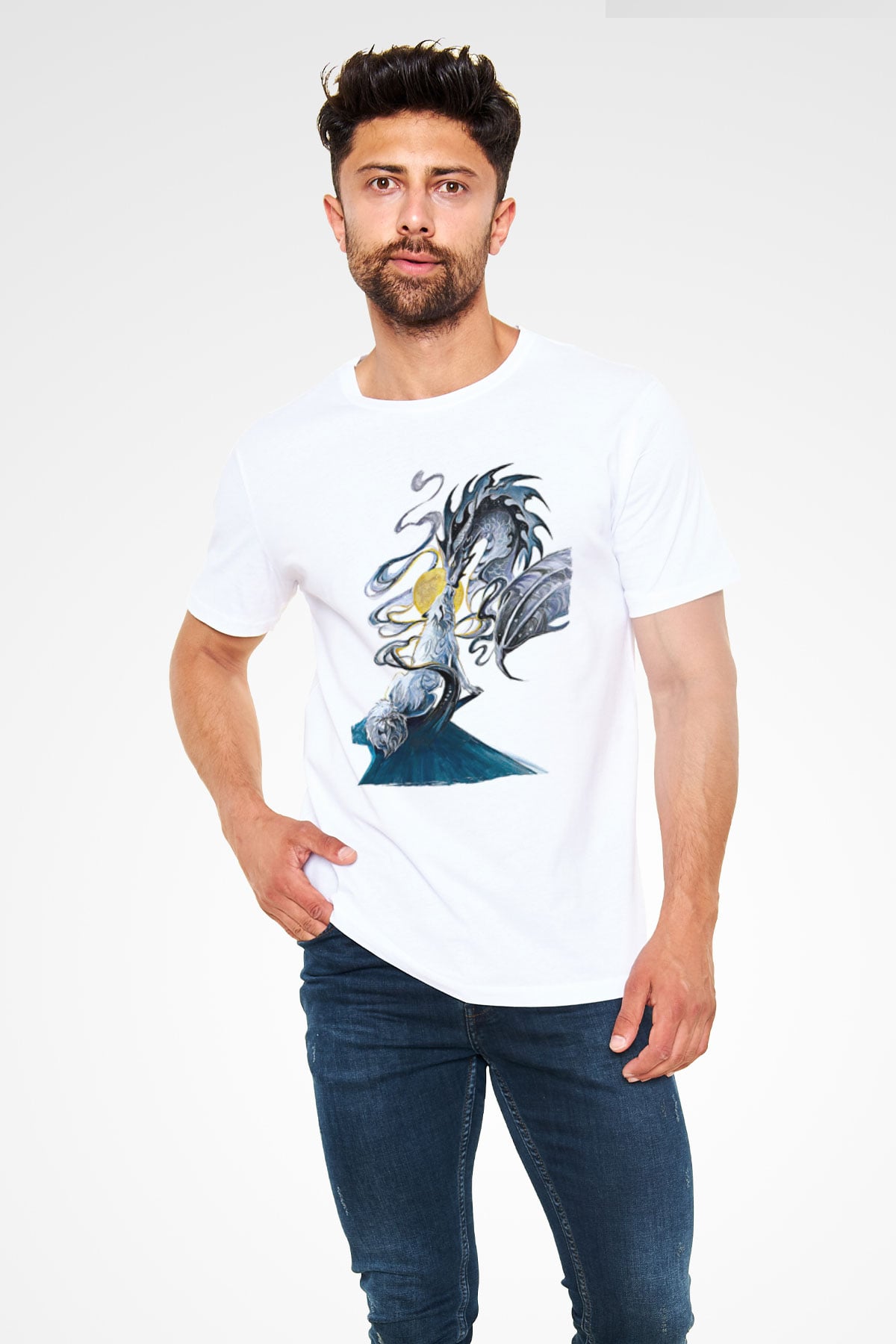 Ejderha Unisex Baskılı Beyaz Tişört - Tshirt