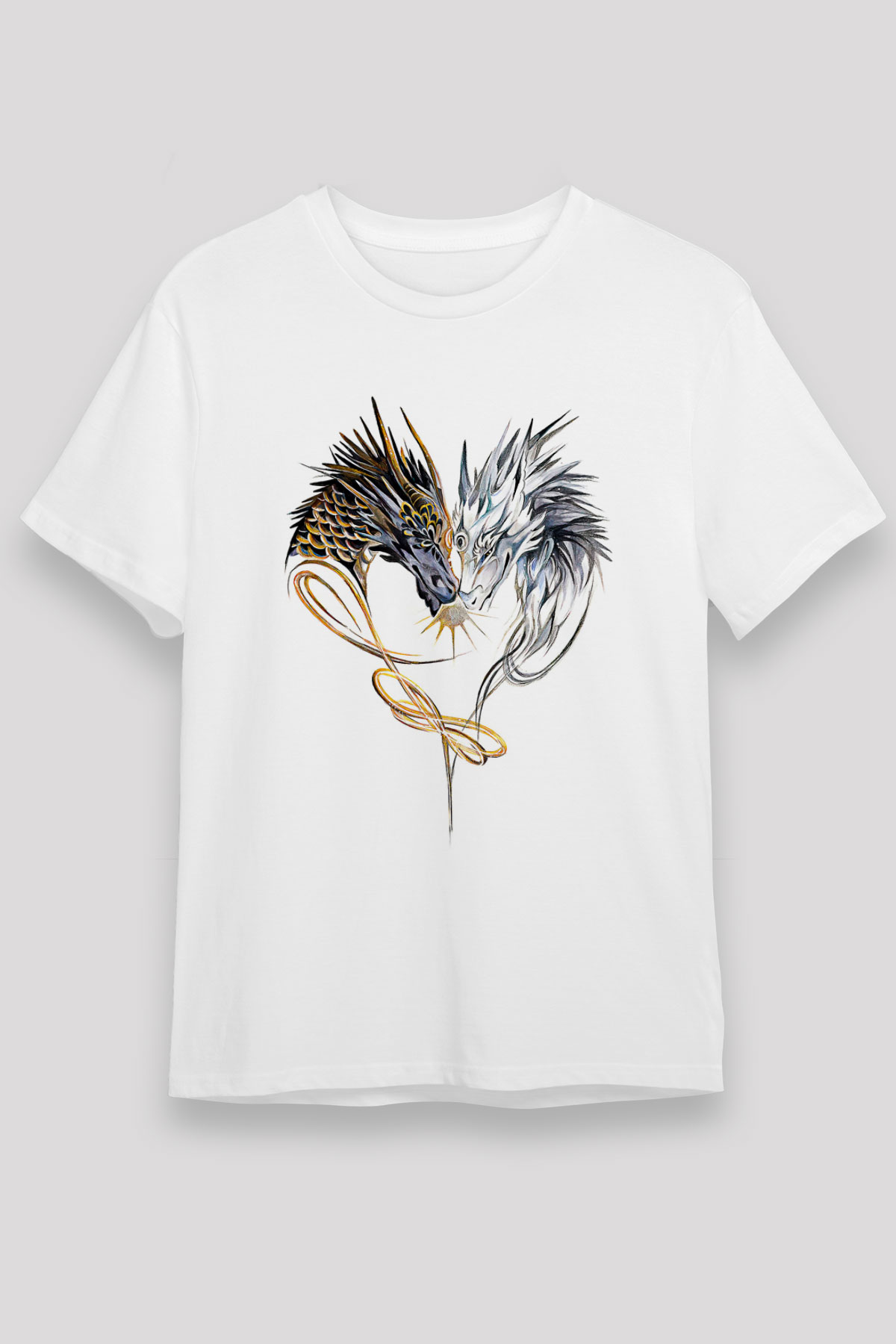 Ejderha Unisex Baskılı Beyaz Tişört - Tshirt