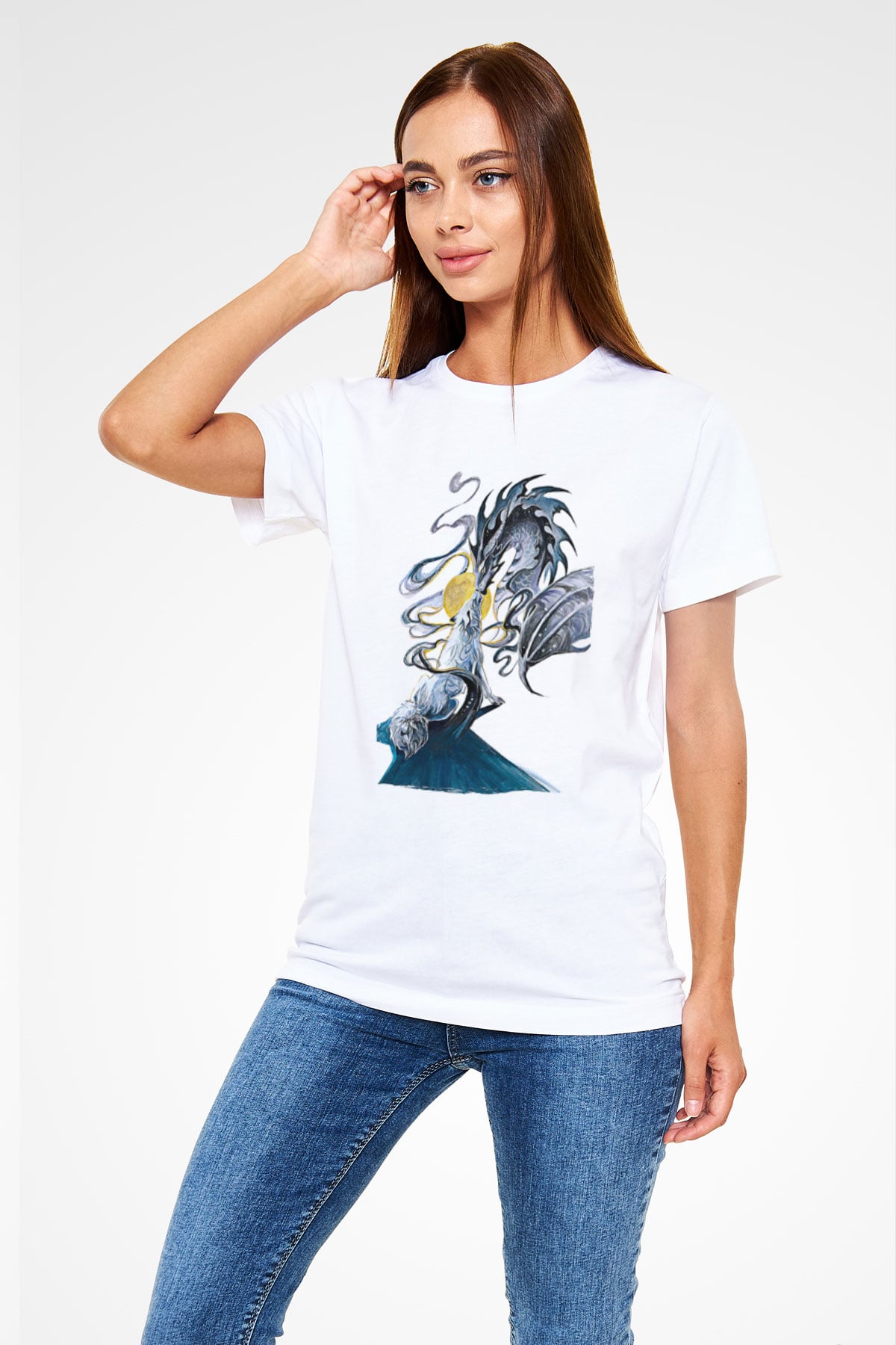 Ejderha Unisex Baskılı Beyaz Tişört - Tshirt