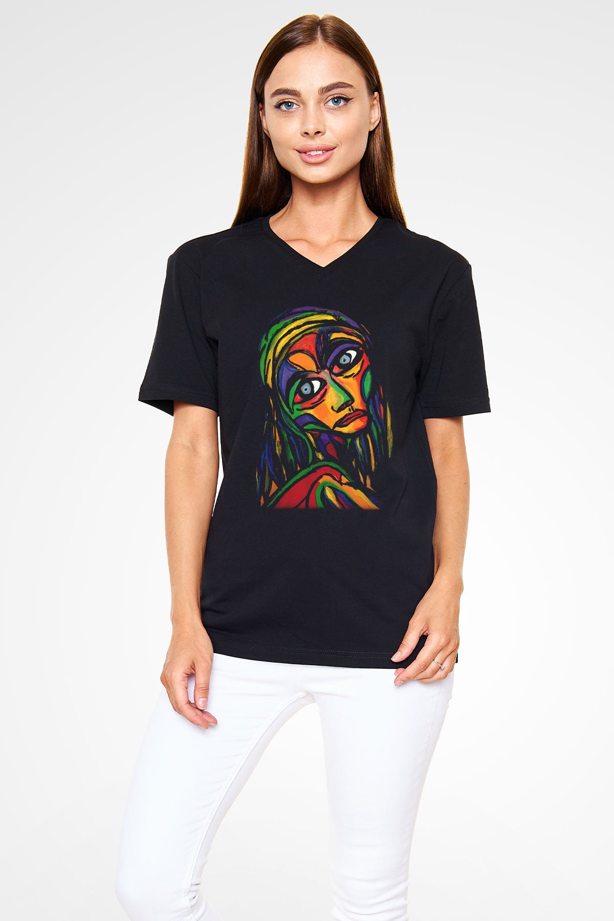 Ekspresyonizm Siyah Unisex V Yaka Tişört T-Shirt