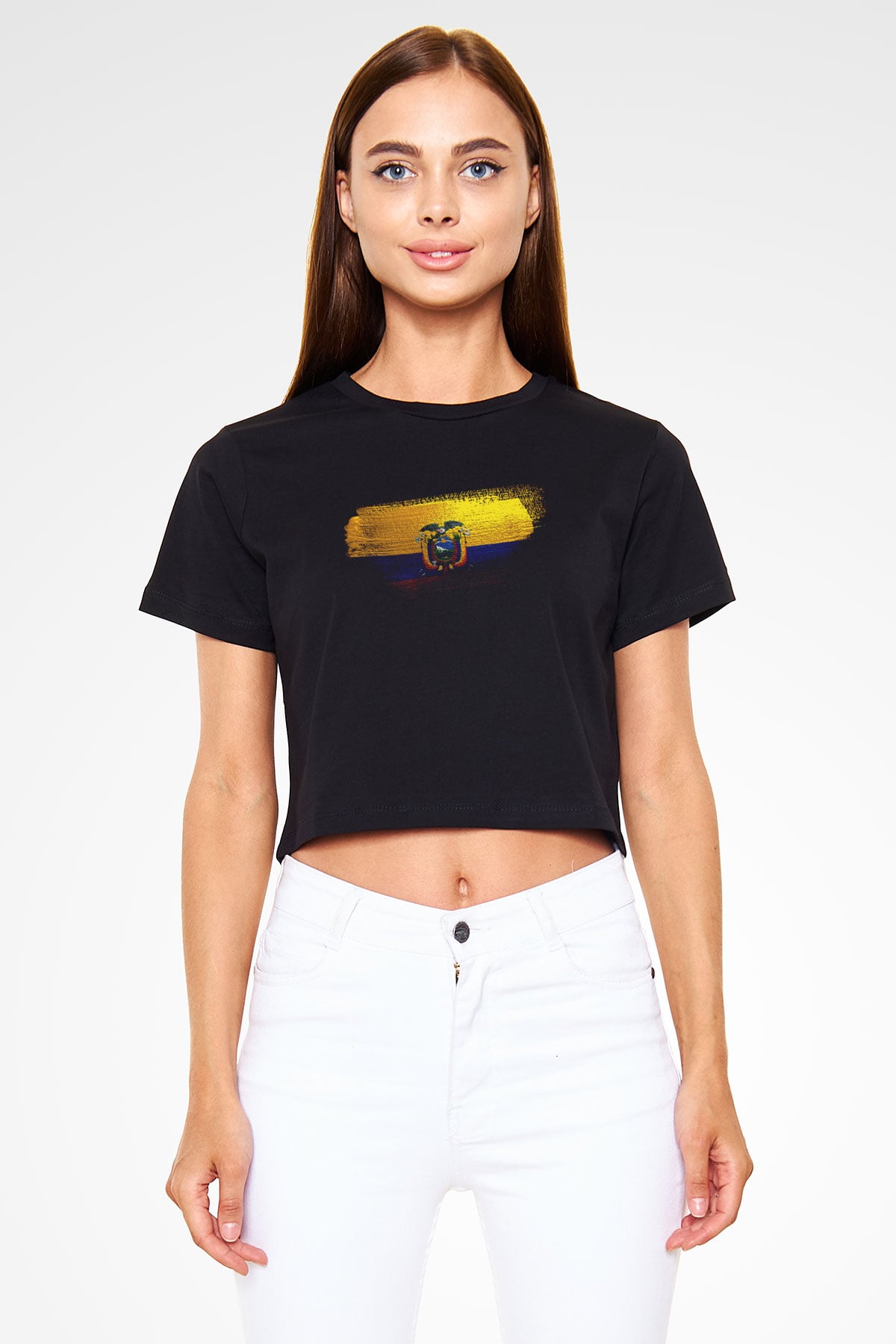 Ekvador - Ecuador Bayrağı Baskılı Kadın Crop Top Siyah Tişört