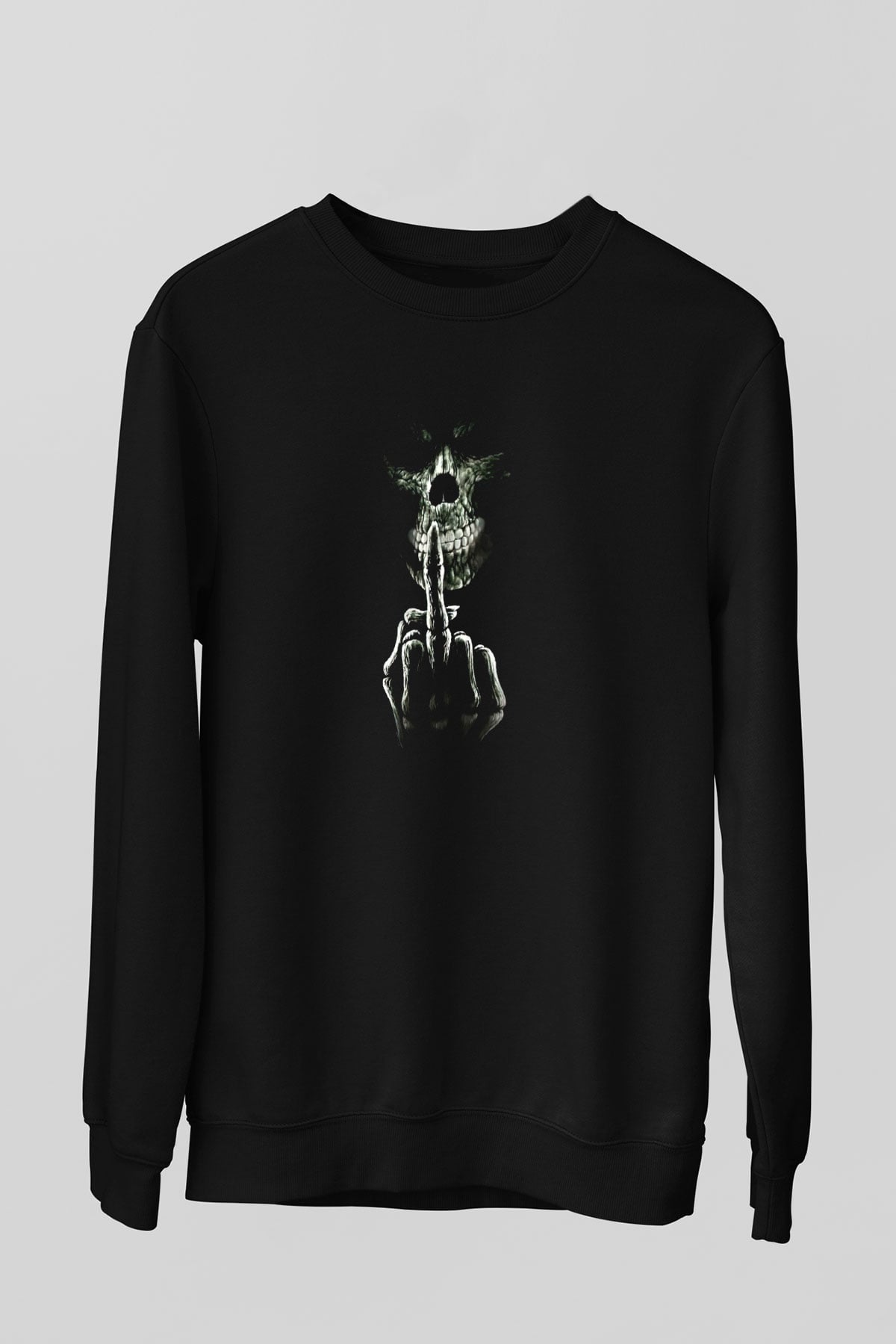 El Hareketi Yapan Kurukafa Baskılı Siyah  Sweatshirt