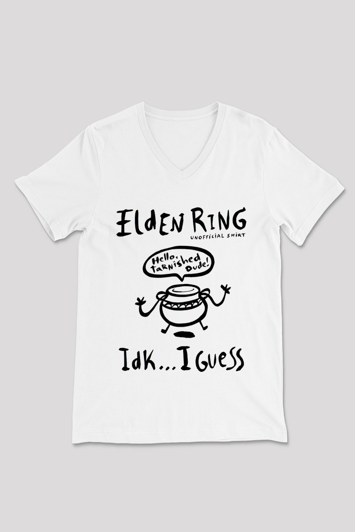 Elden Ring Baskılı Beyaz Unisex V Yaka Tişört - Tshirt