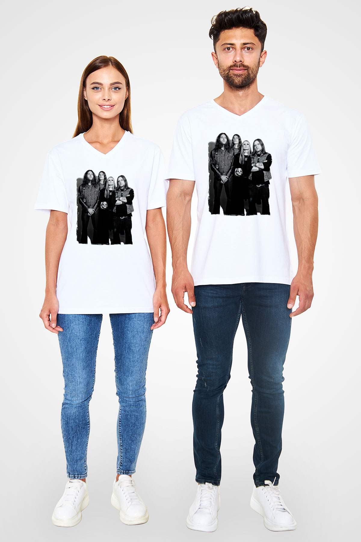 Electric Wizard Baskılı Beyaz Unisex V Yaka Tişört - Tshirt