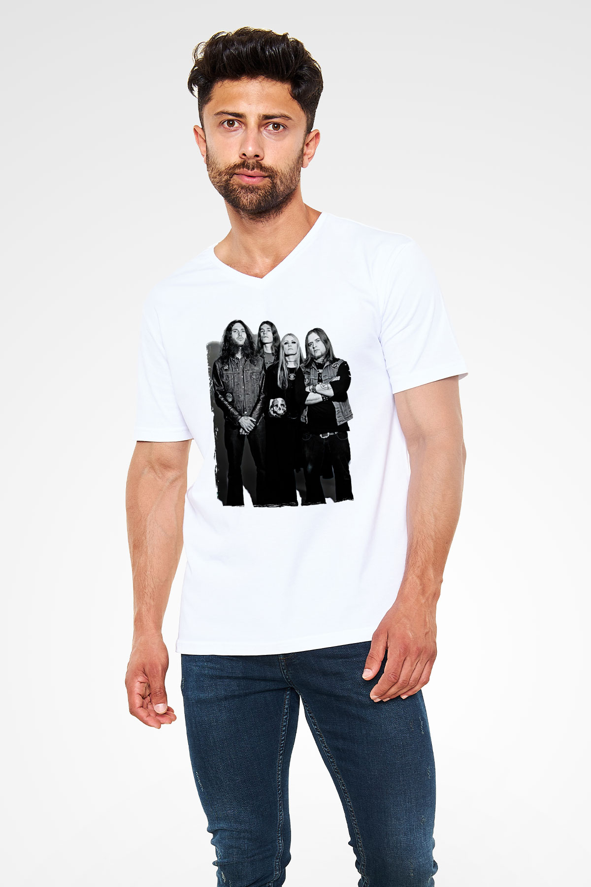 Electric Wizard Baskılı Beyaz Unisex V Yaka Tişört - Tshirt