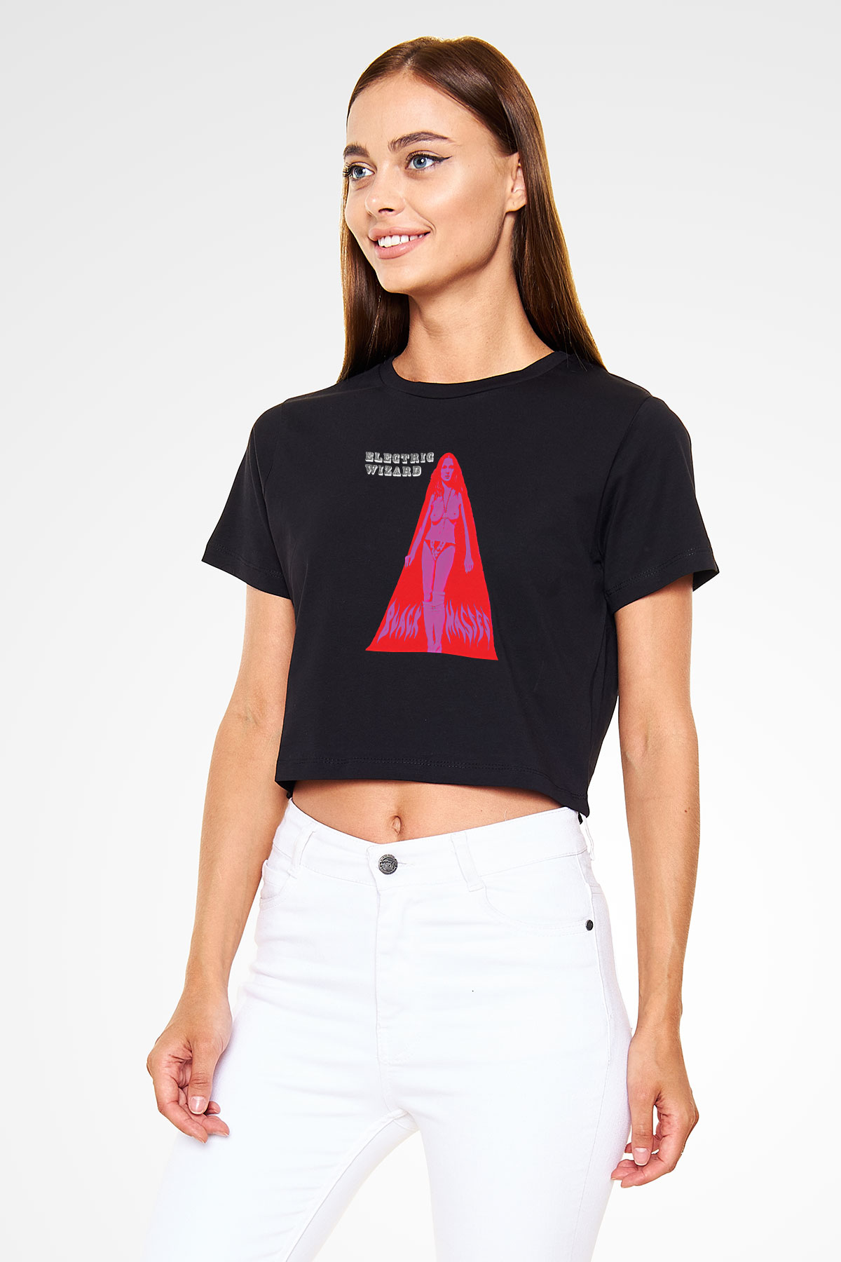 Electric Wizard Baskılı Siyah Crop Top Kadın Tişört - Tshirt