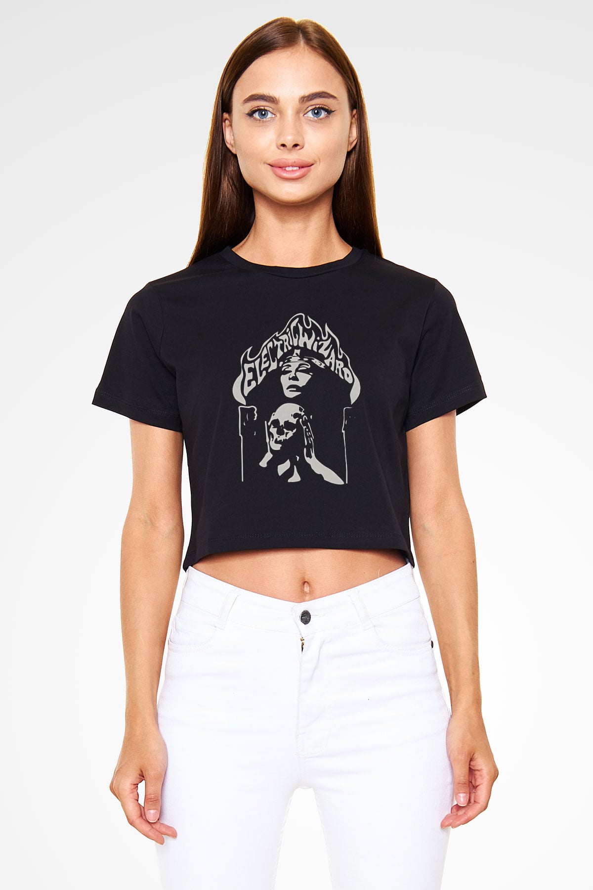 Electric Wizard Baskılı Siyah Crop Top Kadın Tişört - Tshirt