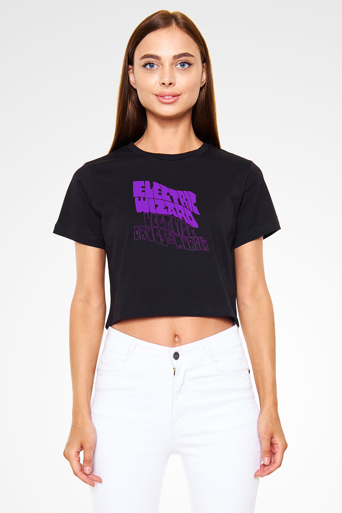 Electric Wizard Baskılı Siyah Crop Top Kadın Tişört - Tshirt
