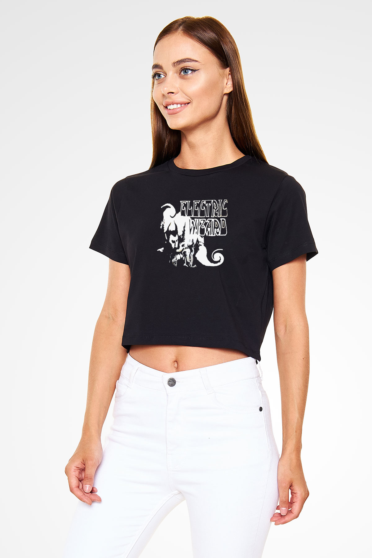 Electric Wizard Baskılı Siyah Crop Top Kadın Tişört - Tshirt