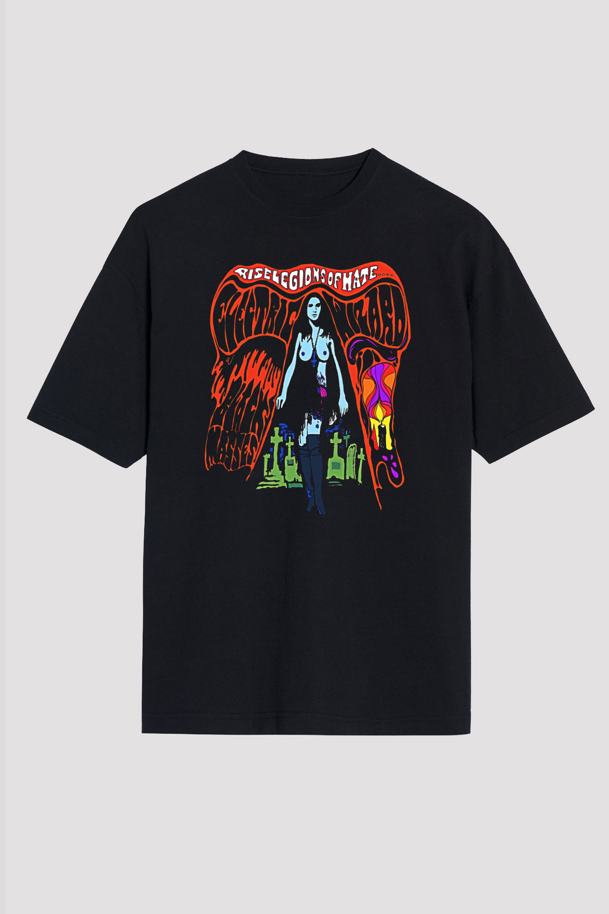 Electric Wizard Baskılı Unisex Siyah Oversize Tişört - Tshirt