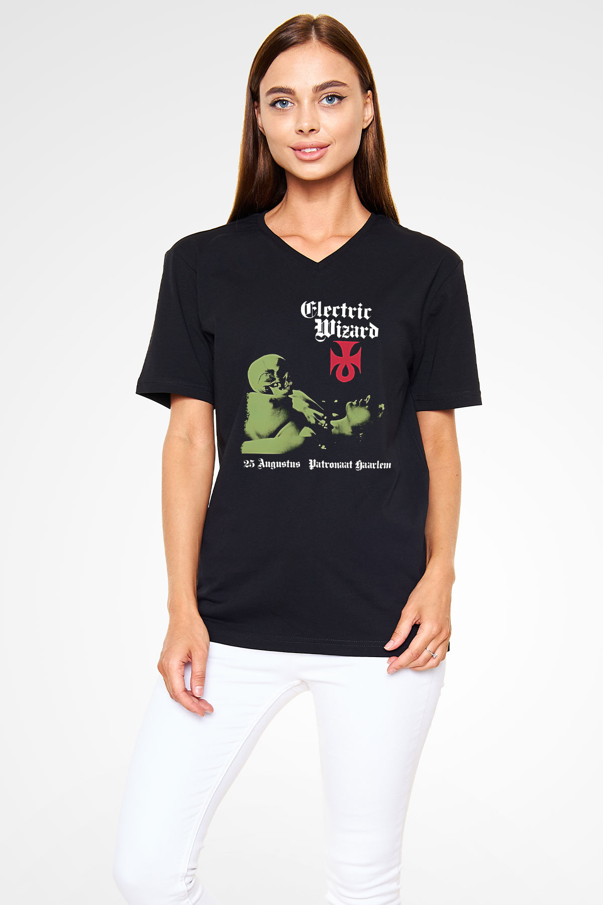 Electric Wizard Baskılı Unisex Siyah V Yaka Tişört - Tshirt