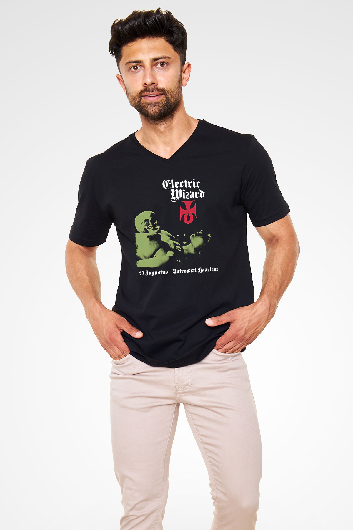 Electric Wizard Baskılı Unisex Siyah V Yaka Tişört - Tshirt