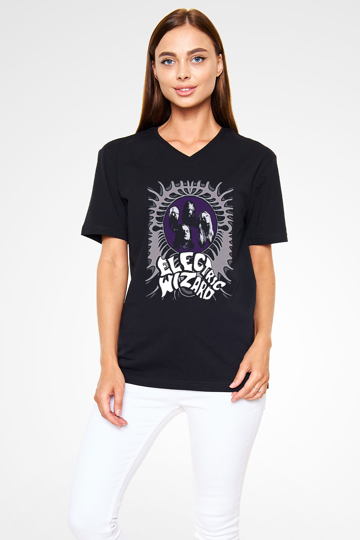 Electric Wizard Baskılı Unisex Siyah V Yaka Tişört - Tshirt
