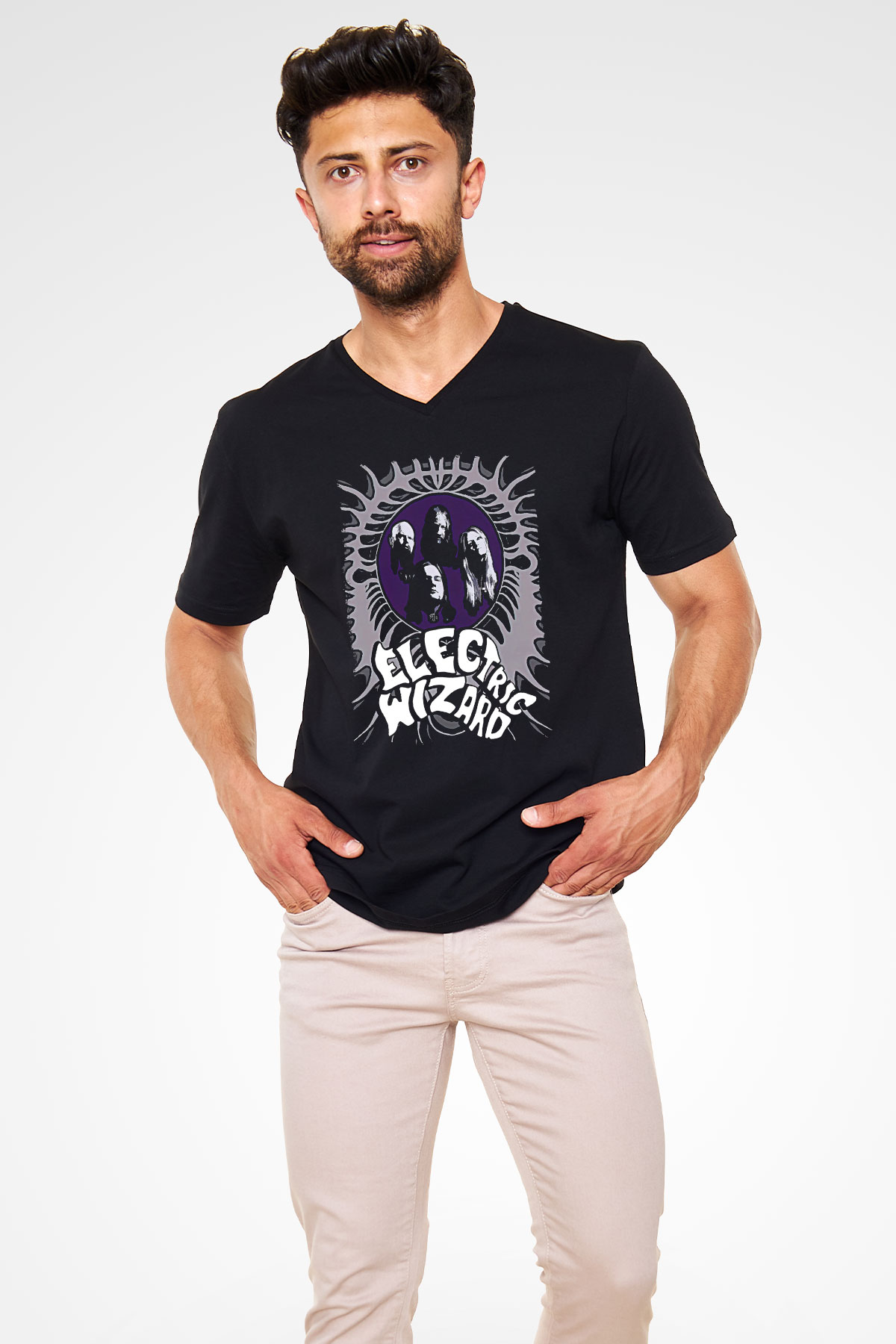 Electric Wizard Baskılı Unisex Siyah V Yaka Tişört - Tshirt