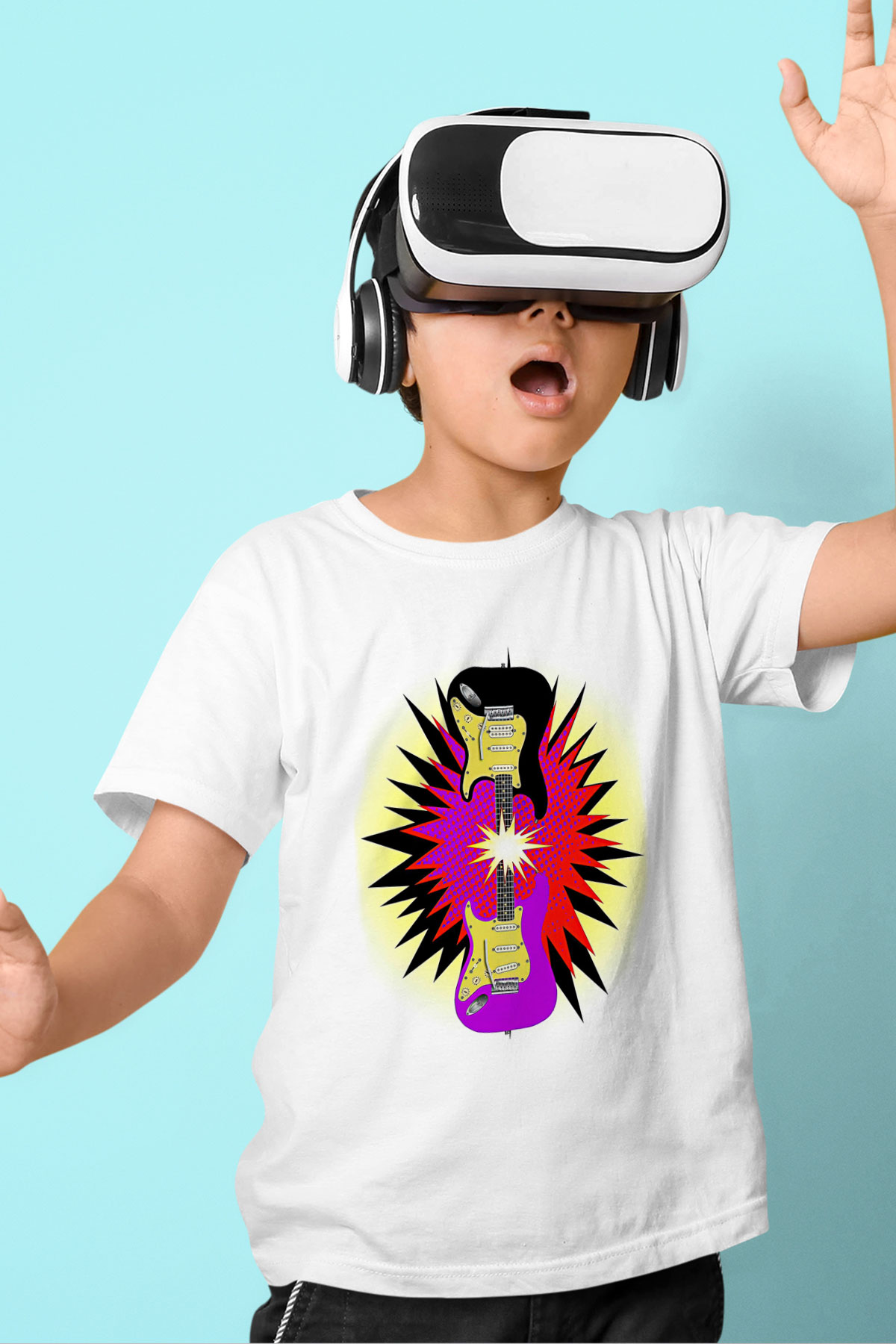Elektro Gitar Baskılı Beyaz Unisex Beyaz Çocuk Tişört - Tshirt
