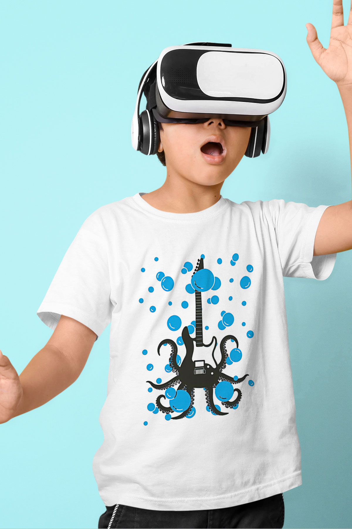 Elektro Gitar Baskılı Beyaz Unisex Beyaz Çocuk Tişört - Tshirt