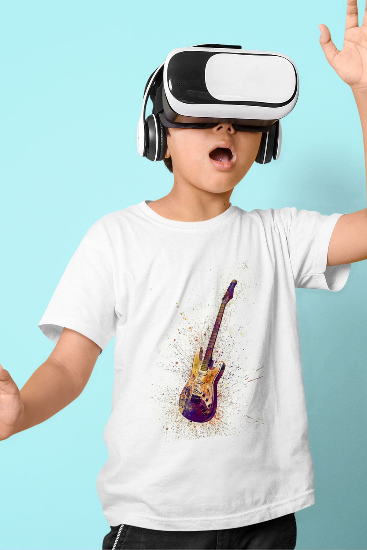 Elektro Gitar Baskılı Beyaz Unisex Beyaz Çocuk Tişört - Tshirt