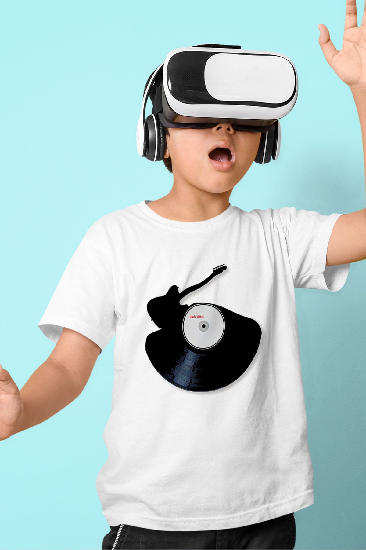 Elektro Gitar Baskılı Beyaz Unisex Beyaz Çocuk Tişört - Tshirt